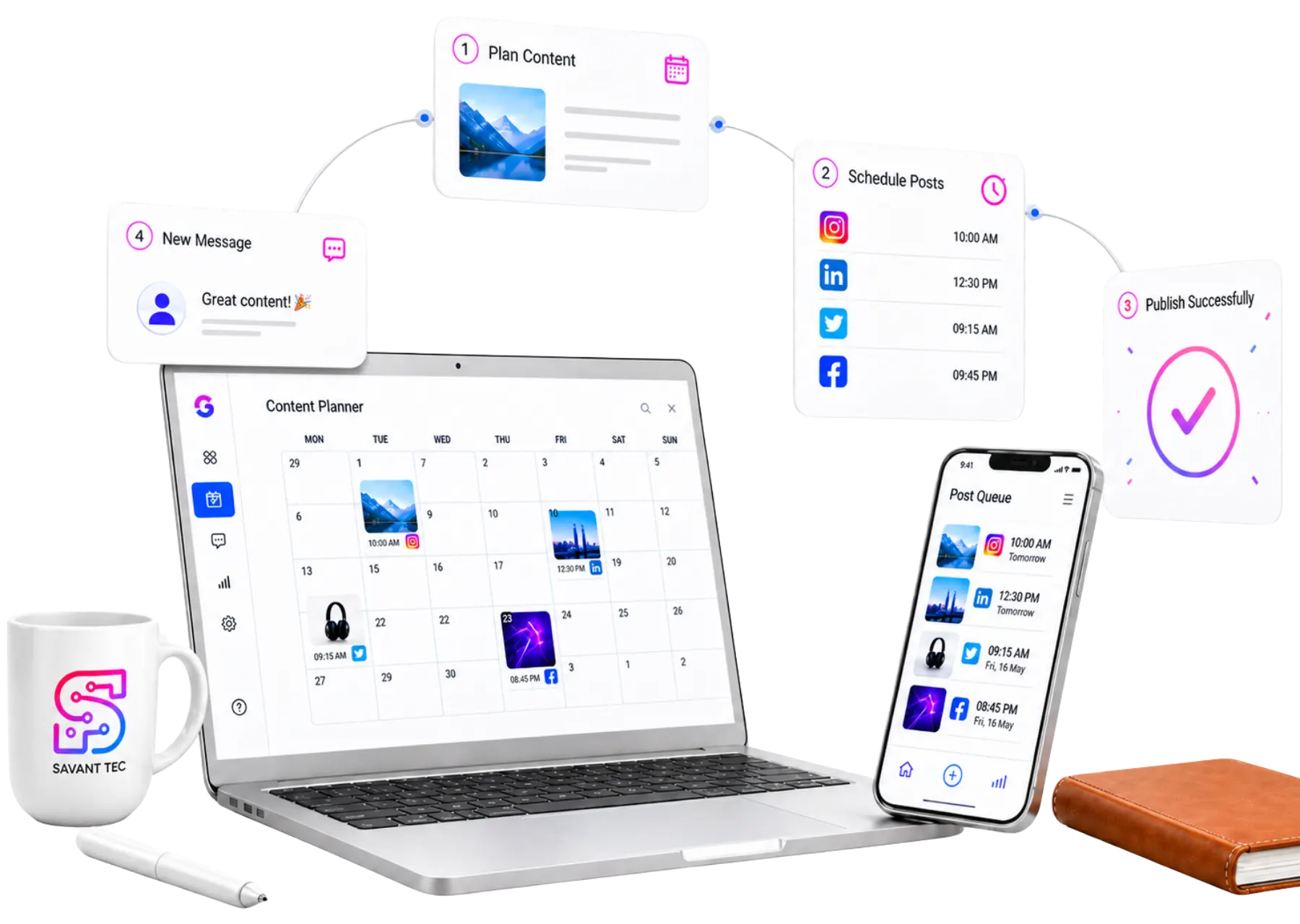 Gestión profesional de redes sociales con planificación de contenido, programación de publicaciones y visibilidad digital para empresas con SAVANT TEC.